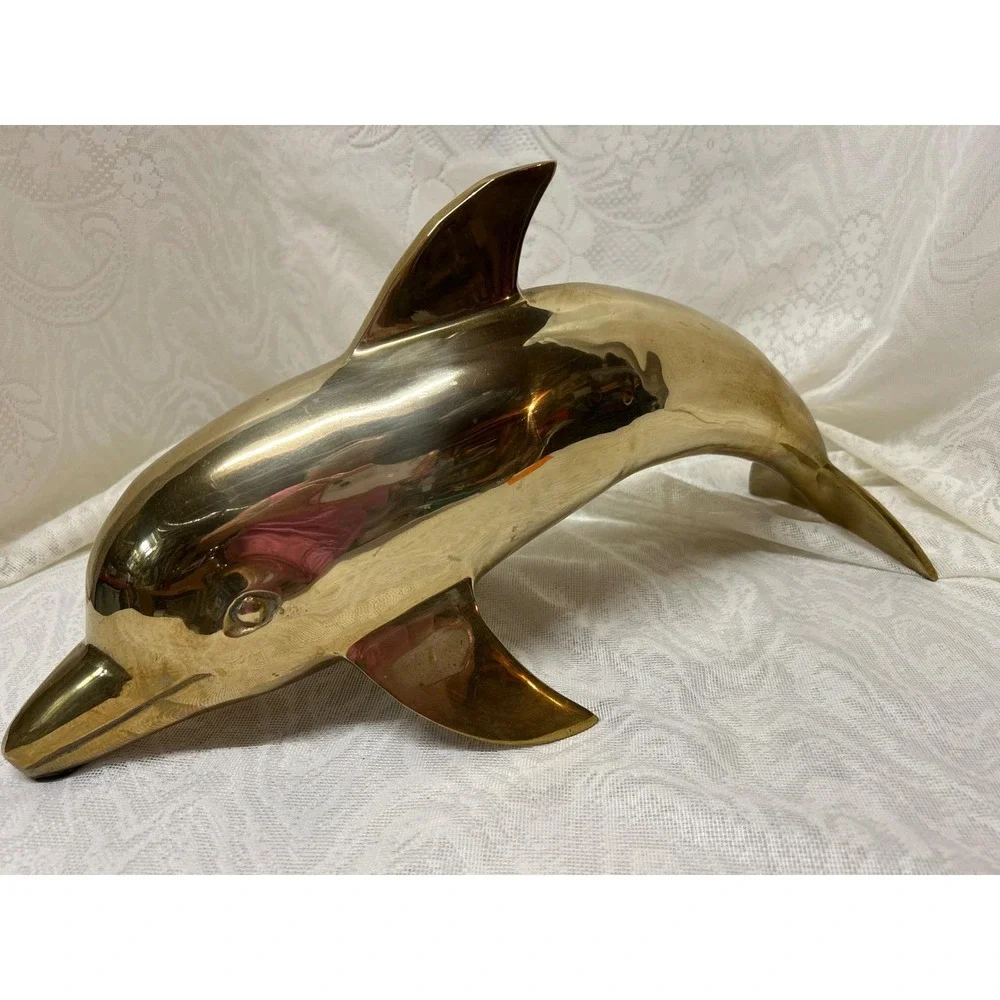 Vintage MCM Brass Dolphin Sculpture Large 17.5 Inch Korea 1960s  5lb Heavy